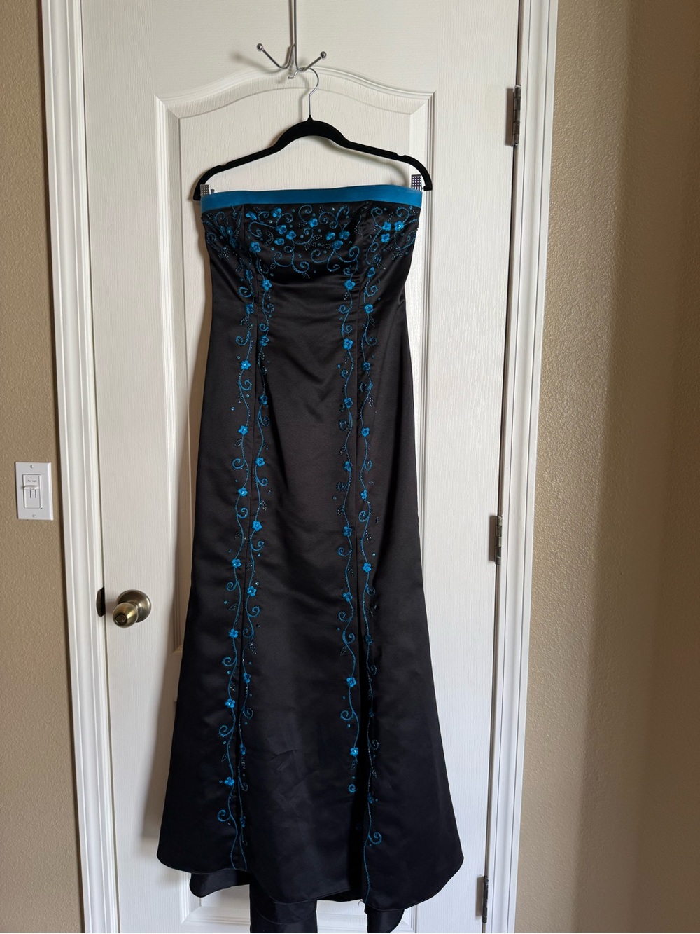Niki Lavis Strapless Black Gown with Teal Embroidery